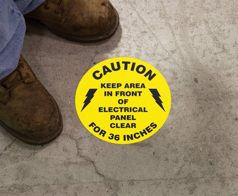 AccuformNMC Floor Sign "Caution Keep Area in Front of Electrical Panel Clear for 36 Inches", 8" Diameter Non-Slip Adhesive Vinyl Electrical Panel Sign, Yellow, Made in the USA, MFS865 - Image 2